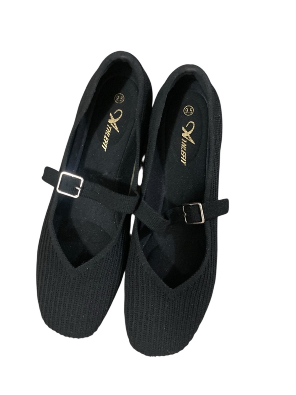 ATHLEFIT Black Fabric Mary Jane Flats with Buckle Strap